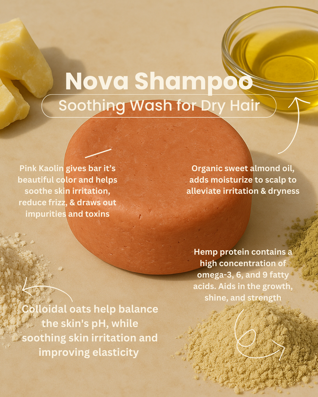 Lavado calmante para cabello seco, champú sólido Nova