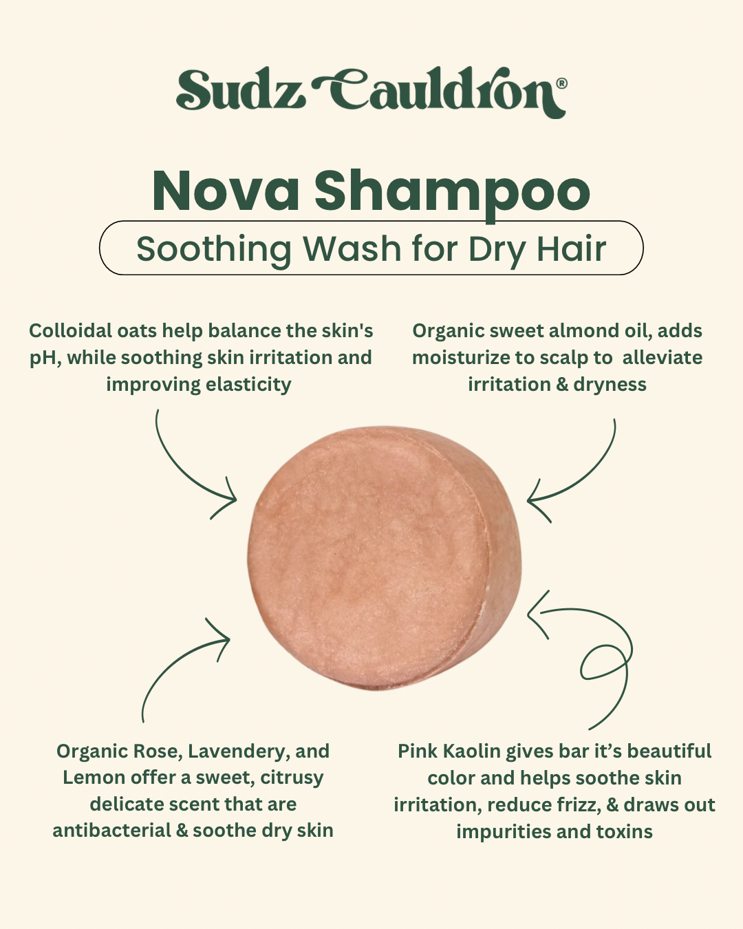 Lavado calmante para cabello seco, champú sólido Nova