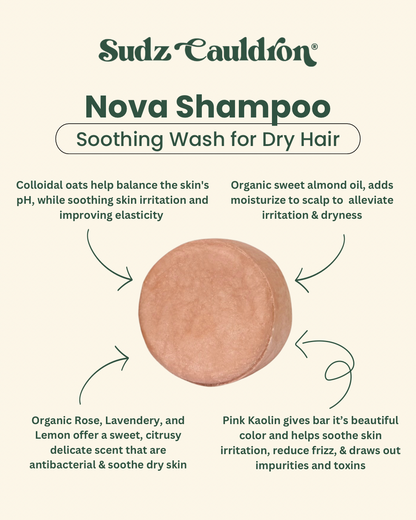 Lavado calmante para cabello seco, champú sólido Nova