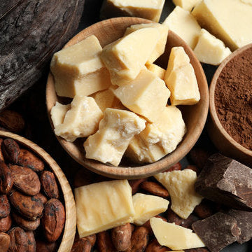 Assorted chocolate products including cocoa beans, chocolate pieces, and cocoa powder on a dark surface.